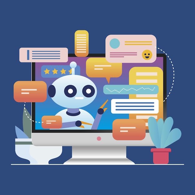 Vector chatbot on the pc screen chat bubbles vector illustration in a flat style on a blue background