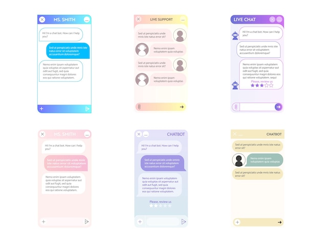 Chatbot windows set. Ligth mode in pastel color. User interface of application with online dialogue. Conversation with a robot assistant