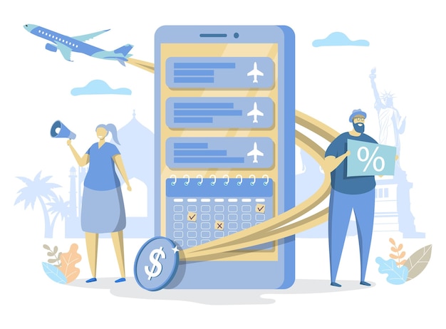 Vector cheap international flight ticket offers vector illustration online flight mobile booking service tr...