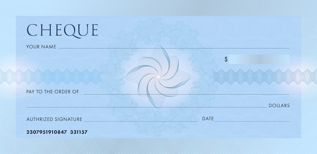 Check or chequebook template. Blank blue business bank cheque with guilloche pattern rosette and abstract watermark. 