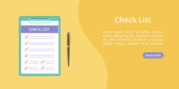 Check list on clipboard with pen landing page concept website page vector template checklist on