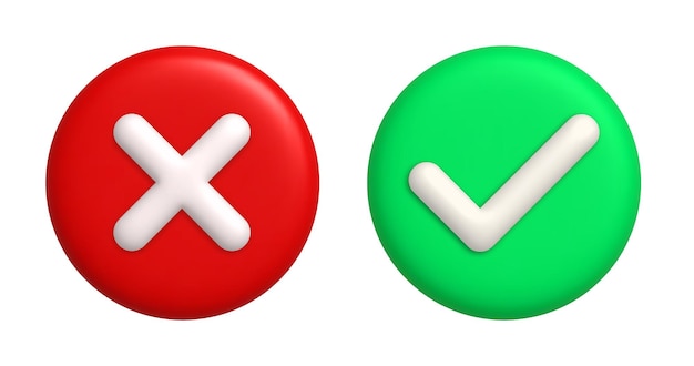 Check mark and cross mark 3d icons on green and red round background 3d realistic design element