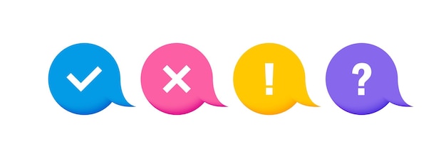 Check mark cross mark exclamation mark and question mark icons on 3d speech bubbles Design concept for web and mobile applications Vector illustration