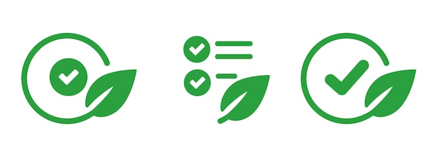 Vector check mark and green leaf leaves set icon symbol of eco friendly natural organic approval