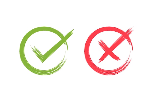 Check mark green and red brush icons. Vector illustration.