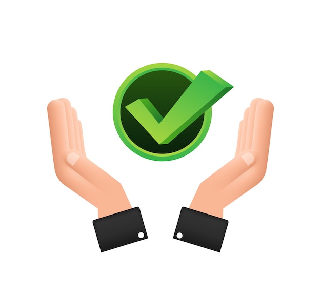 Check mark hanging over hands Green approved star sticker on white background