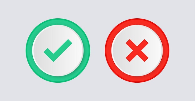 Check mark icon button box frame or green tick and red cross symbols yes or no icons check list sign