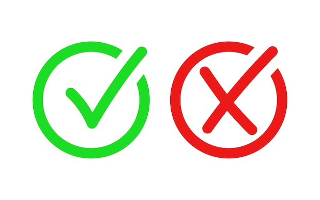 Check mark icon button box frame or green tick and red cross symbols yes or no icons check list sign