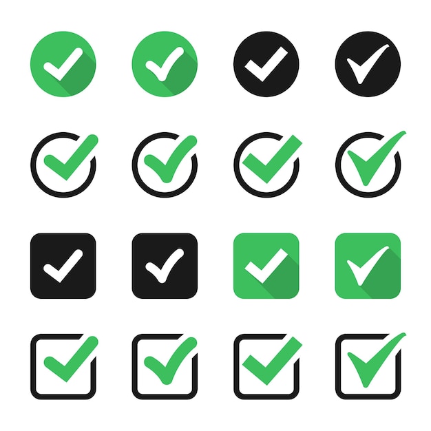 Check mark icons collection. Set of green tick icons. Checkmark symbol