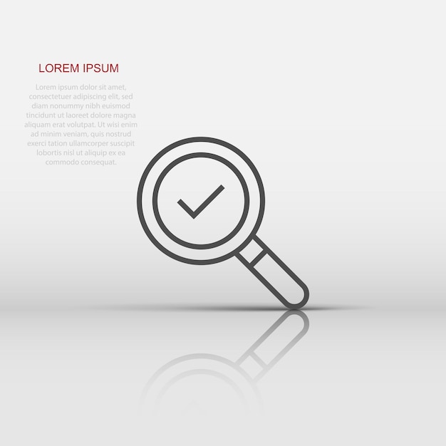 Check mark with magnifying glass icon in flat style Loupe accept vector illustration on white isolated background Search checklist business concept