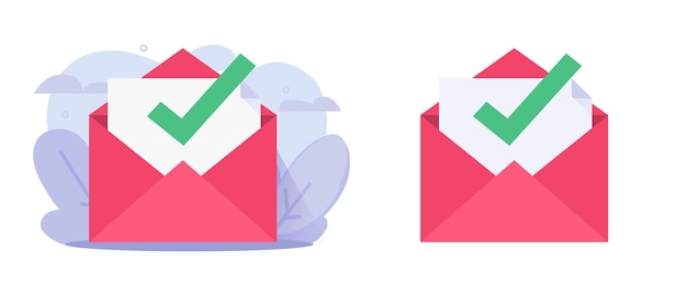 Check verify and valid email message icon or passed confirmation tick mark mail letter flat graphic