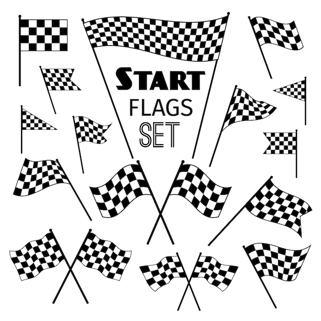 Checkered flag icons isolated on white background. Waving and crossed vector racing flags