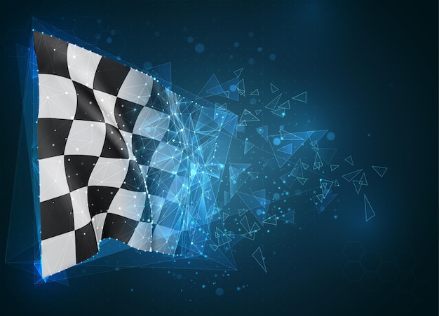 Checkered flag, virtual abstract 3D object from triangular polygons on a blue background