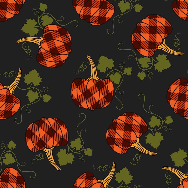 Checkered pumpkins with stems and leaves on a dark background