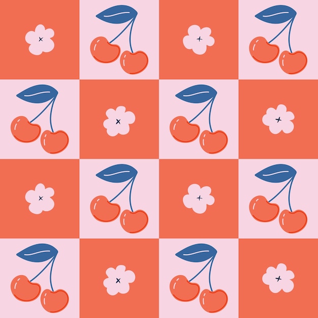 Vector checkered seamless pattern with cherries and flowers on red and pink checkerboard