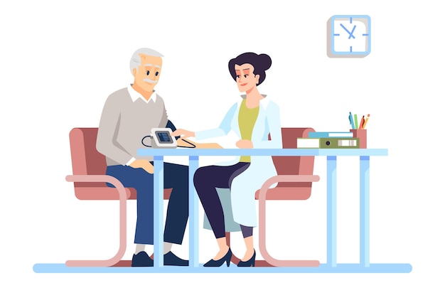 Checking elderly patient blood pressure semi flat RGB color vector illustration. Female geriatrician doctor isolated cartoon characters on white background