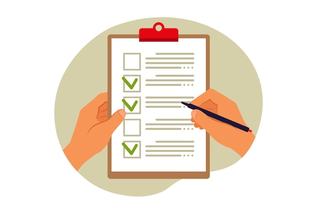 Checklist concept. Questionnaire, survey, clipboard, task list. Vector illustration. Flat