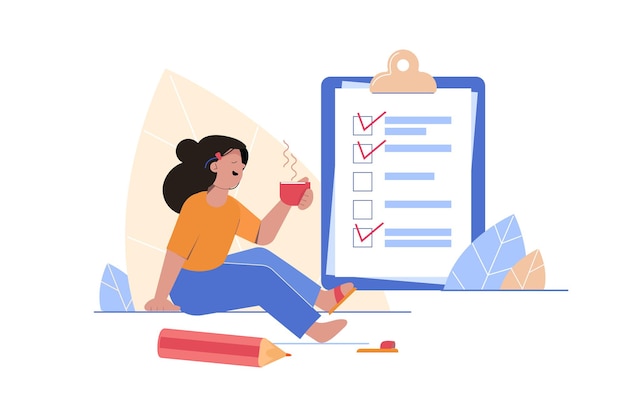 Checklist, to-do list   illustration. List or notepad concept. Girl drinks a drink, near office supplies.