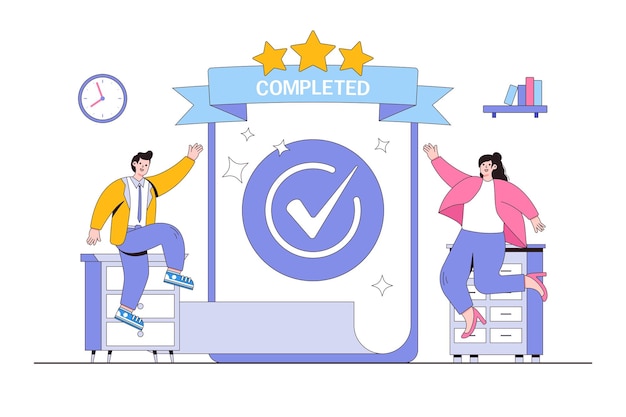 Checklist for task completion accomplishment done success or achievement checkbox and job completion concepts Happy businesspeople celebrate completed checkmark after finish responsible project