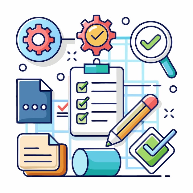 Vector checklist with check marks gears pencil and magnifying glass