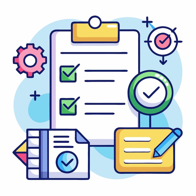 Vector checklist with check marks and icons of gear document and pen