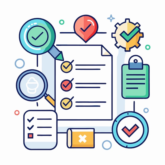 Vector checklist with checkmarks magnifying glass and other symbols