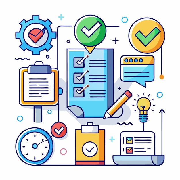 Vector checklist with icons for project planning workflow and success