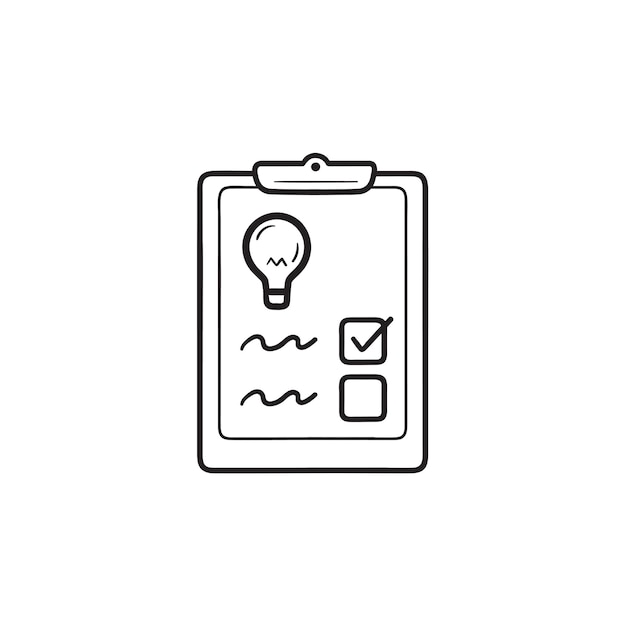 Checklist with light bulb hand drawn outline doodle icon. Business idea, strategy planning, workflow concept. Vector sketch illustration for print, web, mobile and infographics on white background.