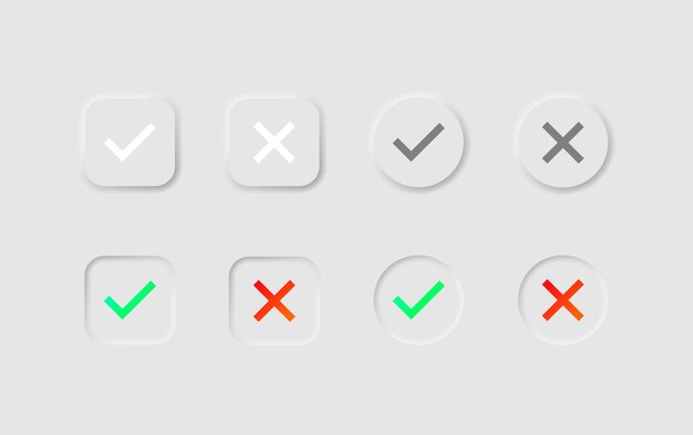 Vector checkmark and crossmark icon set in neumorphism style icons for business white ui ux yes no ok symbol green accept red decline buttons true false neumorphic style vector illustration