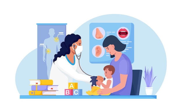 Checkup at children's doctor, neonatologist in hospital. Pediatrician examines sick kid with stethoscope. Child with mom at pediatrician office. Healthcare, child care, medical check up