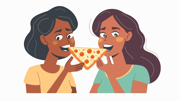 Vector cheerful african american woman enjoying pizza