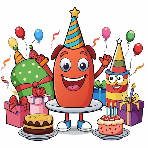 Vector cheerful animated cartoon sausage partying with balloons and confetti illustration