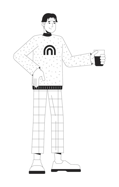 Vector cheerful asian man holding drink black and white 2d line cartoon character