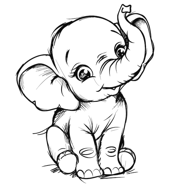 Cheerful Baby Elephant Black And White Coloring Pages Vector