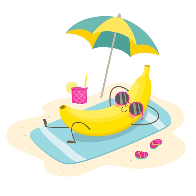 Cheerful banana sunbathes on the beach under an umbrella.   illustration in cartoon flat style.