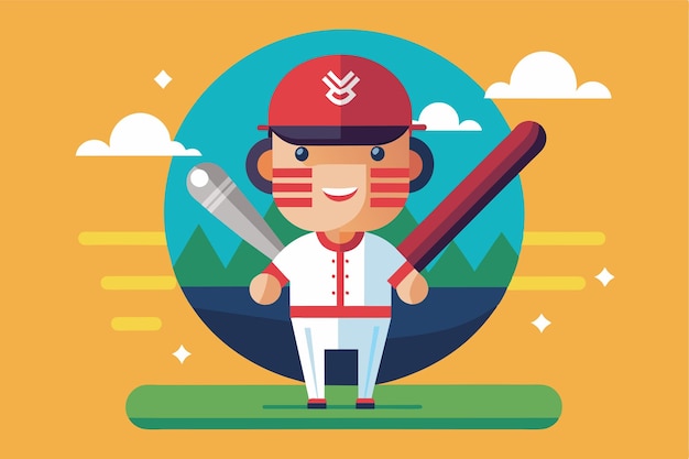 Vector a cheerful baseball player stands proudly in a scenic outdoor setting holding a bat and a glove ready to play the game he loves