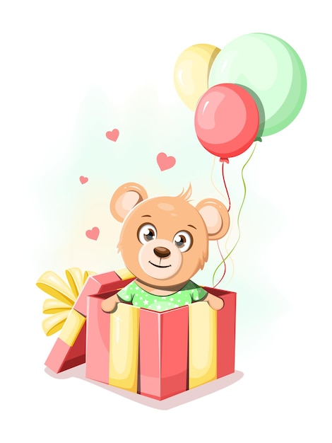 Cheerful bear in a gift box with balloons