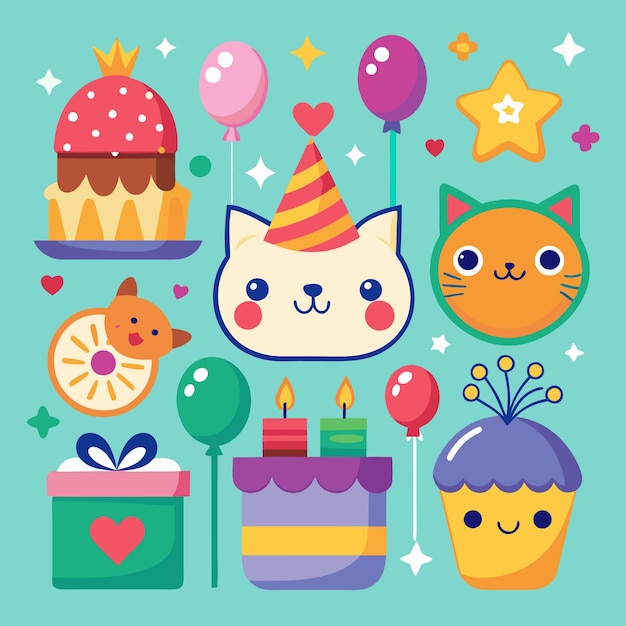 A cheerful birthday party scene with a cat wearing a party hat a cupcake a gift balloons and cake