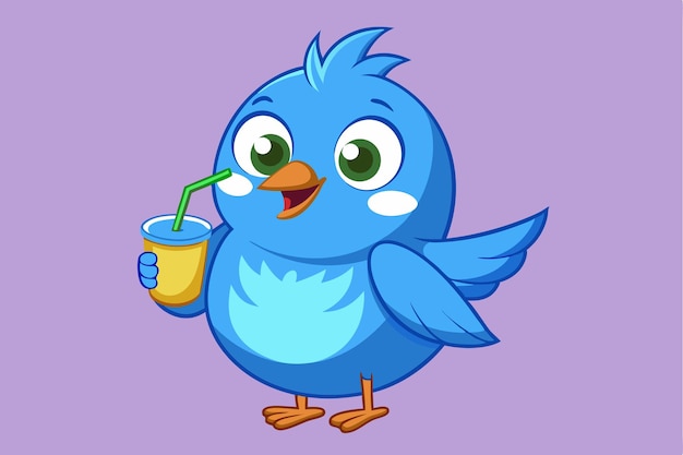 A cheerful blue cartoon bird happily holds a colorful drink with a straw radiating joy and warmth in a vibrant setting