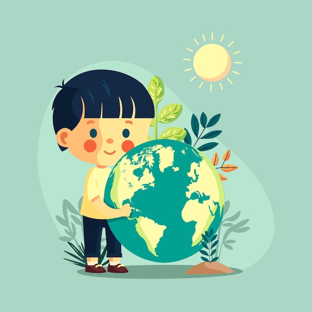 Cheerful Boy Character Holding Earth Globe On Sun Nature Background Save Earth or World Environment Day Concept