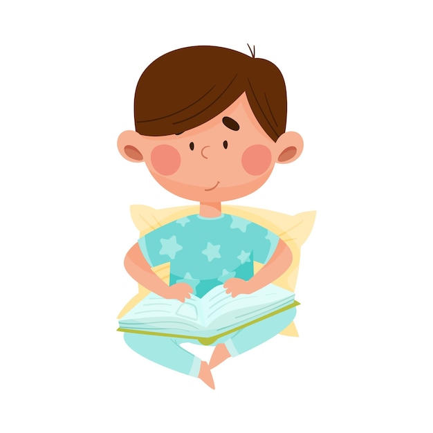 Cheerful Boy Character Sitting and Reading Book Vector Illustration