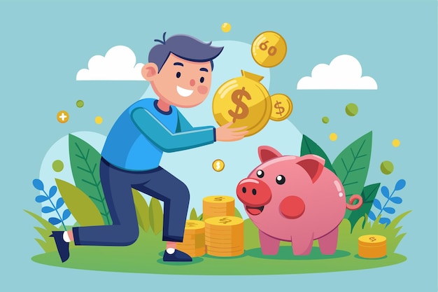 A cheerful boy collects coins to save in a piggy bank surrounded by gold coins and greenery Saving money Customizable Cartoon Illustration