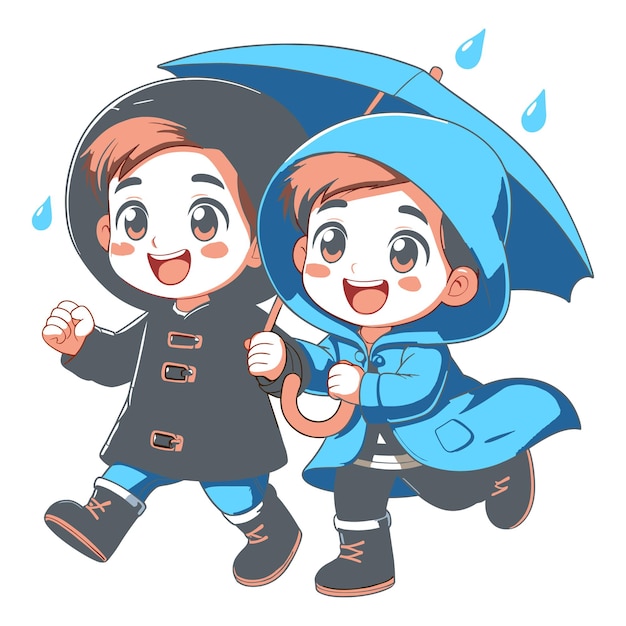 Cheerful boy and girl using umbrella in the rain illustration