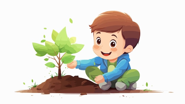 Cheerful Boy Planting Trees Cartoon Vector Illustration