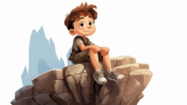 Cheerful Boy Relaxing on Large Rock Outdoors