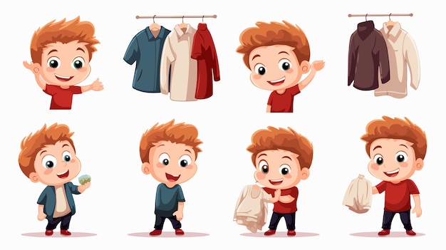 Vector cheerful boy selecting cartoon clothes vector illustration