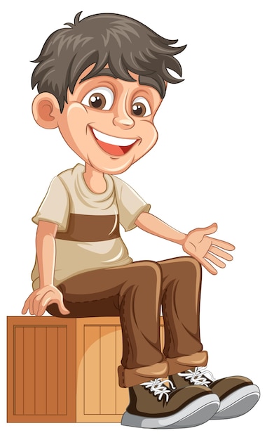 Cheerful Boy Sitting on Wooden Box Cartoon