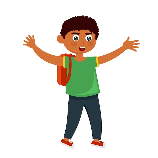 A cheerful boy with a backpack in a cartoon style Vector illustration