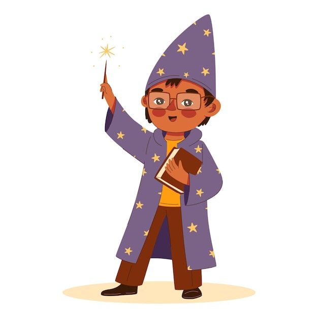 Vector a cheerful boy in a wizard costume with stars with a magic wand with a star in a cap is having fun