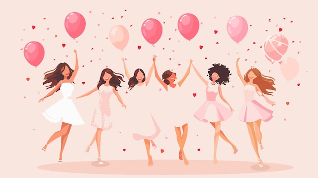 Vector cheerful bridesmaid holding balloons on bright background